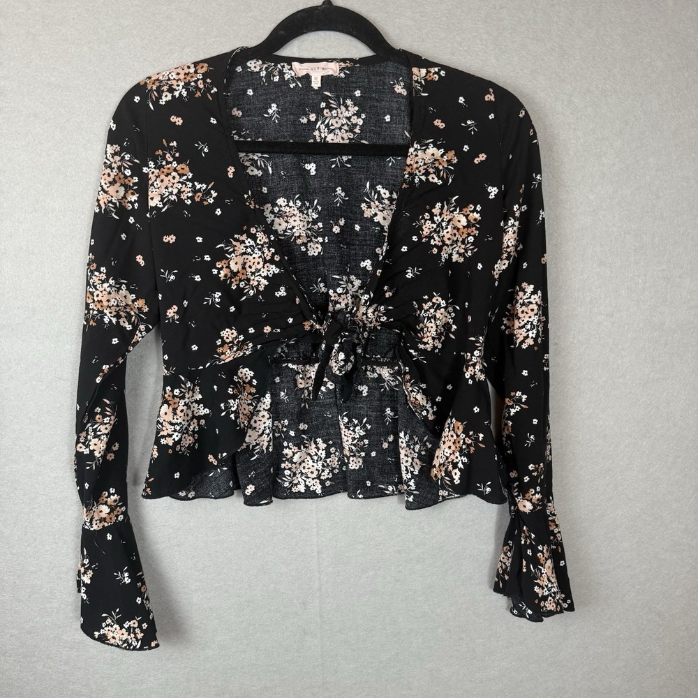 Y2K Dark Floral Whimsigoth Peplum Wrap Top Bell‎ Sleeves Sz M Moody Festival